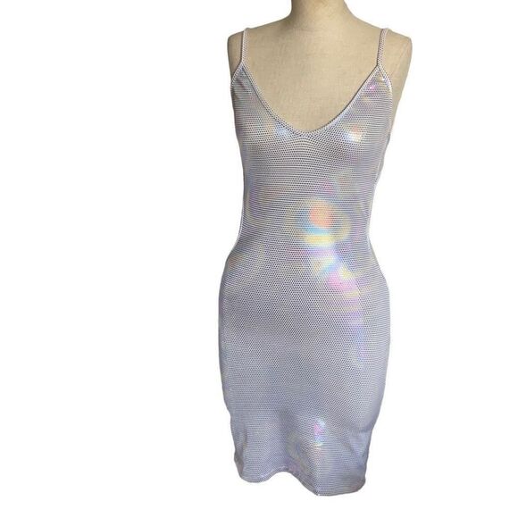 Holographic Mini Dress Tie Back, 80’s L.W. Sin-Sations body con sz s/m form fit - Picture 2 of 16